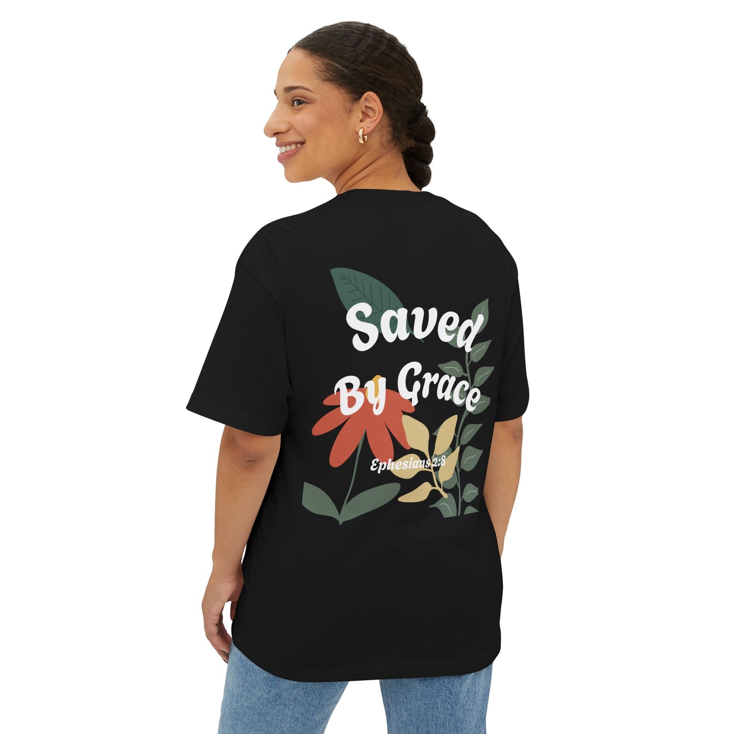Saved By Grace Unisex Oversized Boxy Tee, Floral Graphic T-Shirt, Relaxed Fit Shirt, Casual Wear, Faith-Based Apparel, Gift for Celebrations