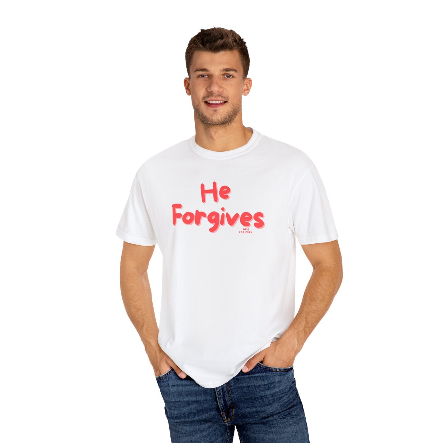 Inspirational Unisex T-Shirt - "He Forgives" - Casual Wear, Gift for Friends, Spiritual Apparel, Everyday Comfort, Motivational Clothing