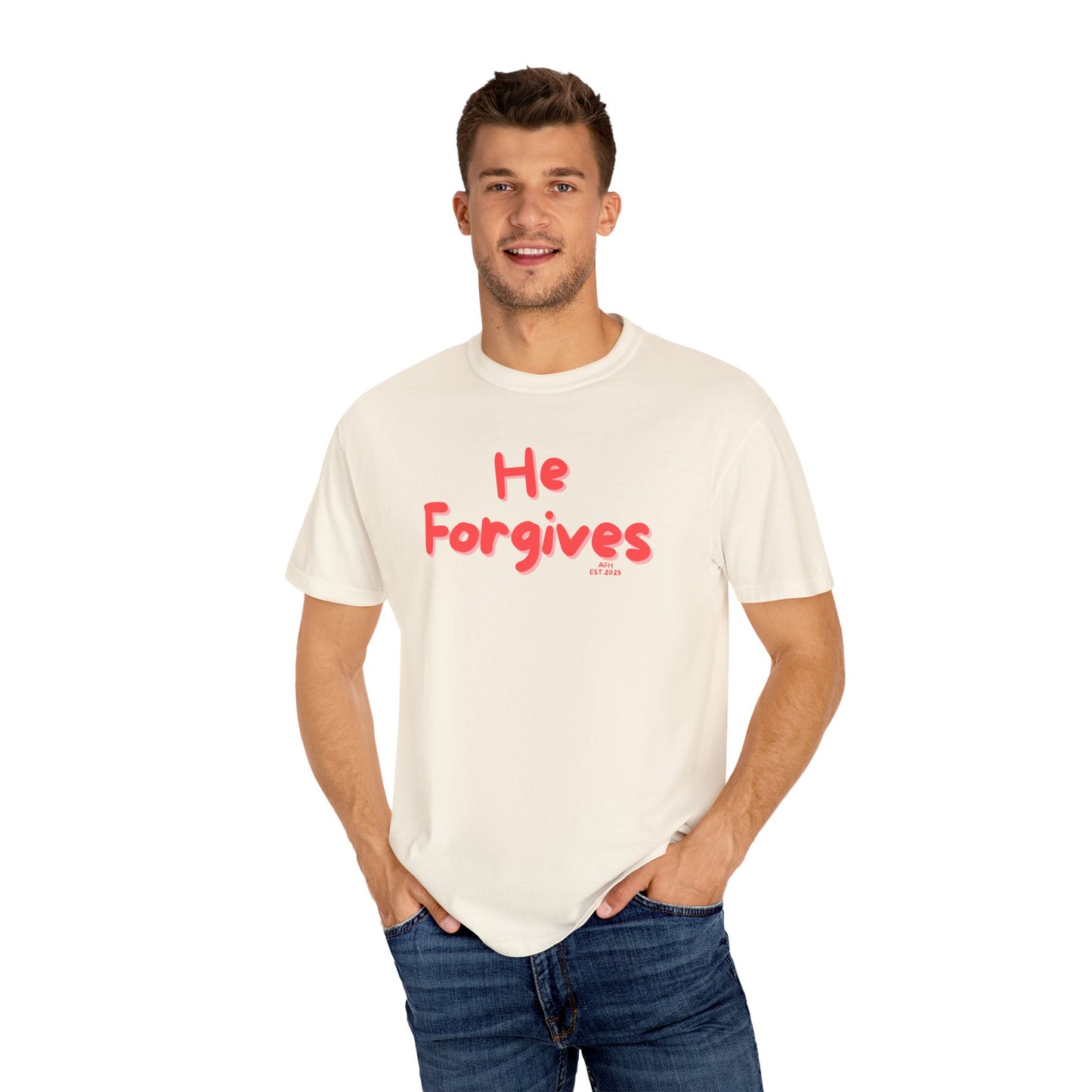 Inspirational Unisex T-Shirt - "He Forgives" - Casual Wear, Gift for Friends, Spiritual Apparel, Everyday Comfort, Motivational Clothing