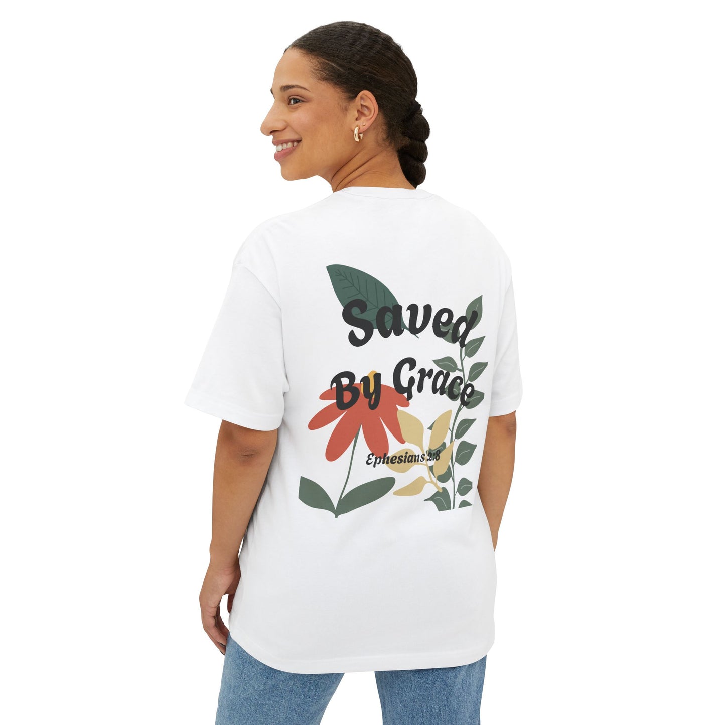 Saved By Grace Unisex Oversized Boxy Tee, Floral Graphic T-Shirt, Relaxed Fit Shirt, Casual Wear, Faith-Based Apparel, Gift for Celebrations
