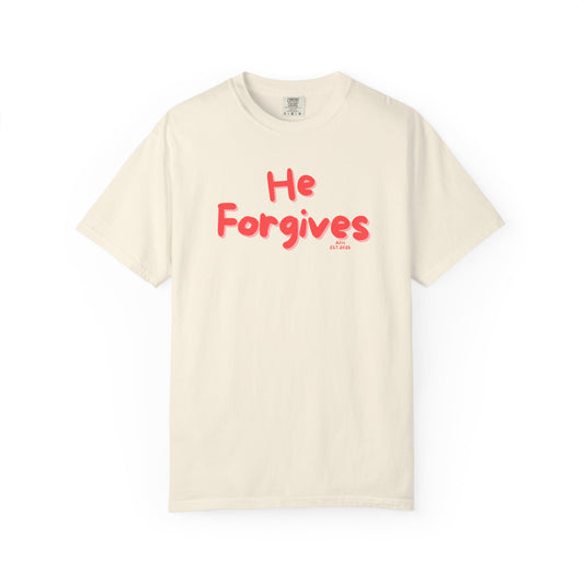Inspirational Unisex T-Shirt - "He Forgives" - Casual Wear, Gift for Friends, Spiritual Apparel, Everyday Comfort, Motivational Clothing
